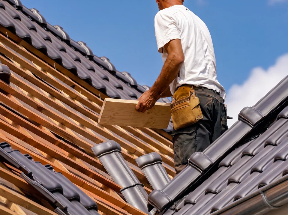 Couvreur en action sur une toiture en cours de réfection, debout sur des liteaux en bois, tenant une planche de bois brut