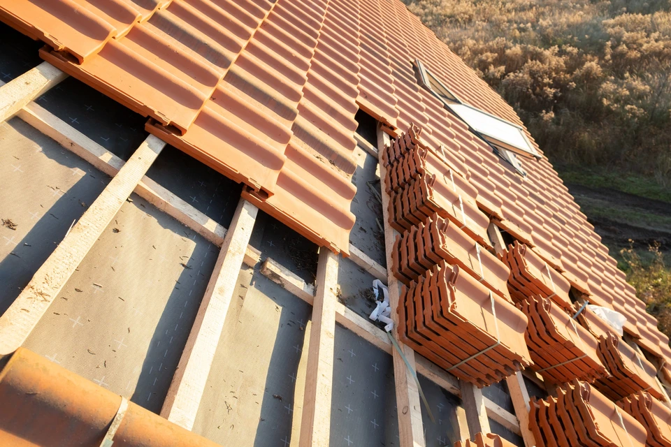 Intérieur d'une ossature bois en cours de construction, vue depuis le rez-de-chaussée